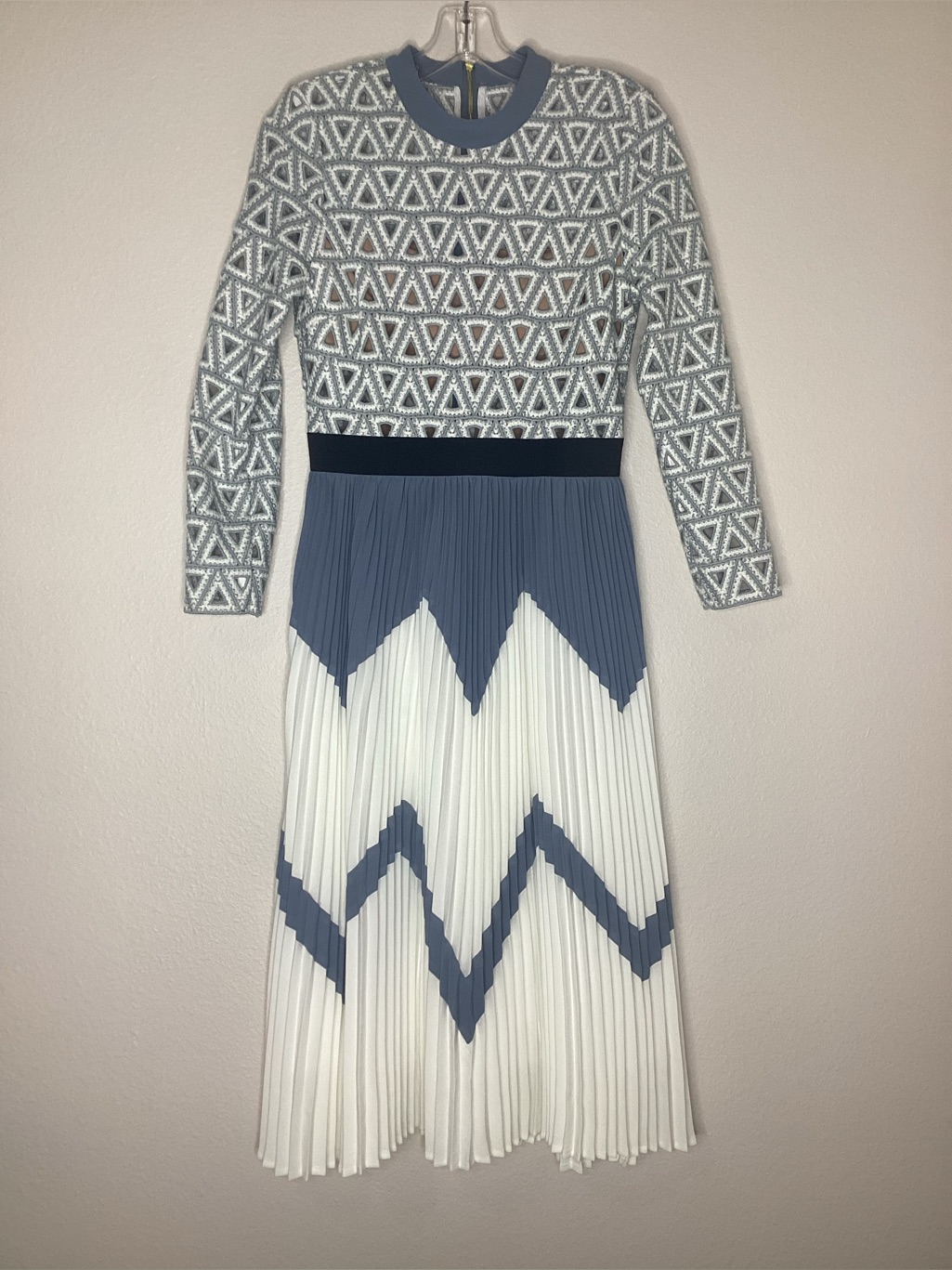 Self-Portrait Grey & White Triangle Crochet Top Pleated Skirt Midi Dress M